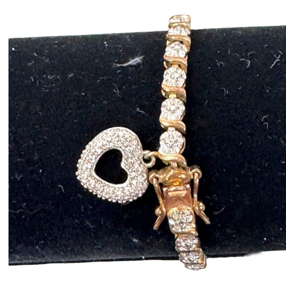 Vintage Sterling Silver Vermeil and Diamond Chip Tennis Bracelet Heart Charm 7" - Picture 3 of 8